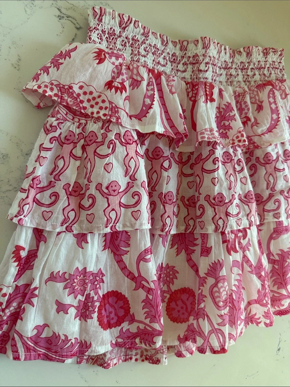 Roller Rabbit Kids Monkey/Jemina Sami Skirt Pink Smocked Tiered Ruffle Size 12
